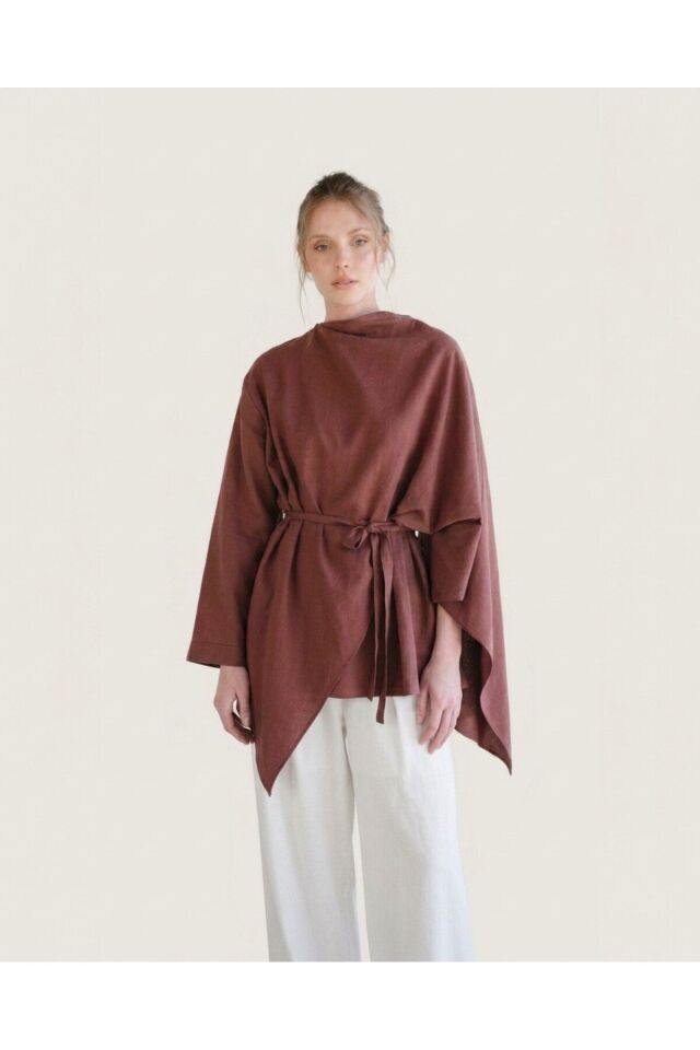 Kuşaklı Asimetrik Kesim Oversize Tunik Yarasa Kol Kadın Bluz