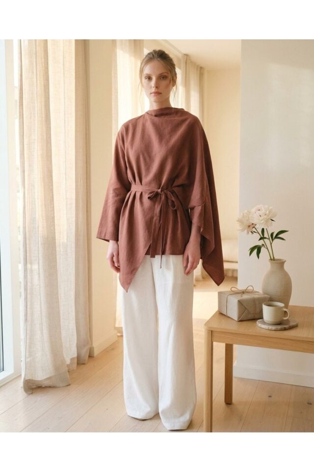 Kuşaklı Asimetrik Kesim Oversize Tunik Yarasa Kol Kadın Bluz